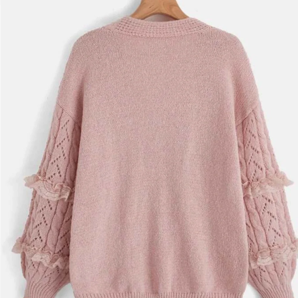Romwe Kawaii Pink Cable Knit Lace Pearl Button Down Sweater Cardigan S - Picture 8 of 12
